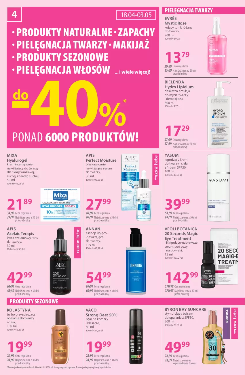 Gazetka promocyjna Hebe - Gazetka - ważna 18.04 do 03.05.2026 - strona 4 - produkty: Bielenda, Emulsja, Emulsja do mycia, Krem do twarzy, Makijaż, Mixa, Pielęgnacja włosów, Róża, Rum, Ser, Serum, Serum do twarzy, Serum pod oczy, Tera, Tonik, Veoli Botanica
