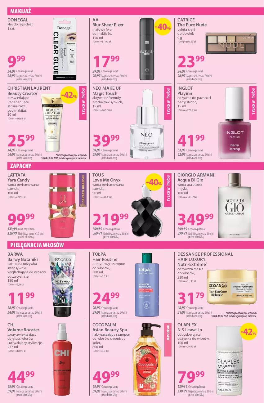 Gazetka promocyjna Hebe - Gazetka - ważna 18.04 do 03.05.2026 - strona 5 - produkty: Booster, Candy, Catrice, Fa, Giorgio Armani, Klej, Laur, Makijaż, Maska, Maska do włosów, Odżywka, Paleta, Perfum, Pielęgnacja włosów, Pur, Rum, Ser, Serum, Szampon, Tołpa, Woda, Woda perfumowana, Woda toaletowa