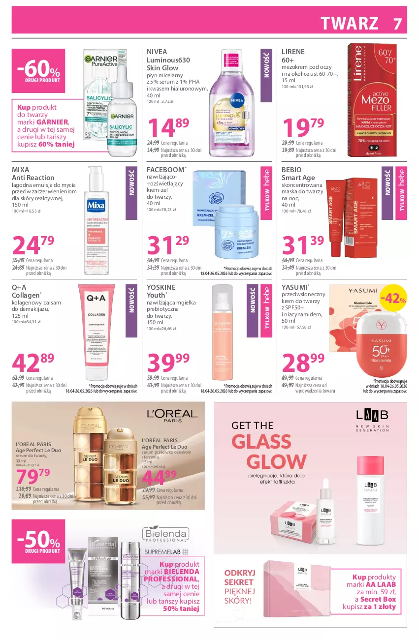 Gazetka promocyjna Hebe - Gazetka - ważna 18.04 do 03.05.2026 - strona 7 - produkty: Bielenda, Emulsja, Emulsja do mycia, Fa, Garnier, Kolagen, Krem do twarzy, Krem pod oczy, L’Oréal, Lirene, Makijaż, Maska, Maska do twarzy, Mixa, Nivea, Płyn micelarny, Rum, Ser, Serum, Serum do twarzy, Yoskine