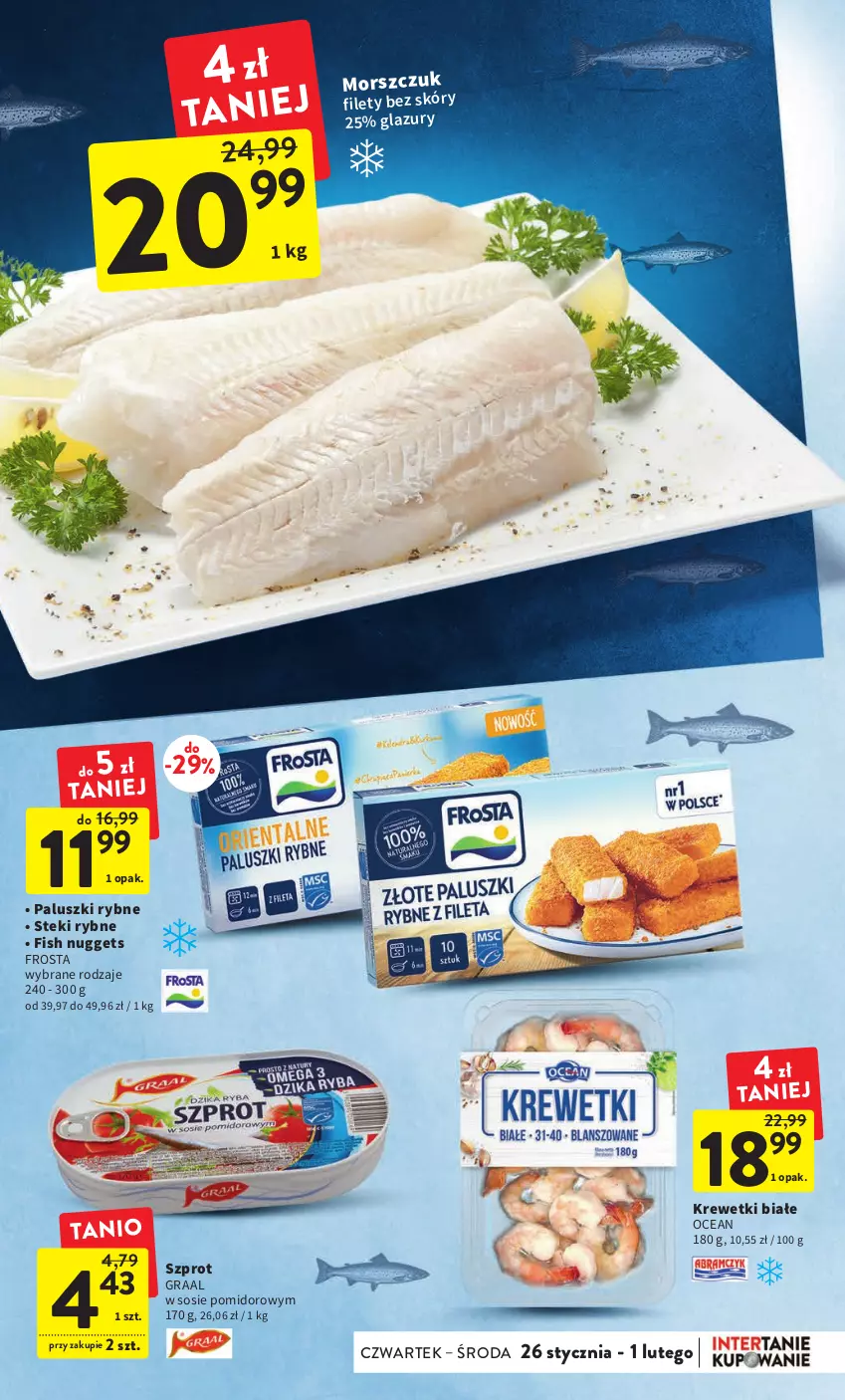 Gazetka promocyjna Intermarche - Gazetka Intermarche - ważna 26.01 do 01.02.2023 - strona 19 - produkty: Frosta, Gra, Graal, Krewetki, Lazur, Paluszki rybne, Sos, Stek, Szprot