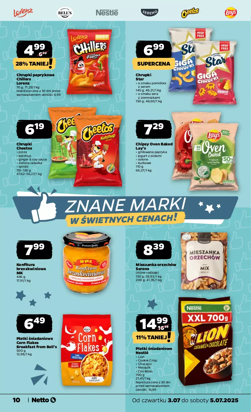 Gazetka promocyjna Netto - Od Czwartku - ważna 03.07 do 05.07.2025 - strona 10 - produkty: Bell, Cheetos, Chipsy, Chrupki, Cini Minis, Corn flakes, Danio, Fa, Gin, Grill, Jogurt, Ketchup, Konfitura, Lay’s, Lion, Lorenz, Nesquik, Nestlé, Papryka, Pizza, Ser
