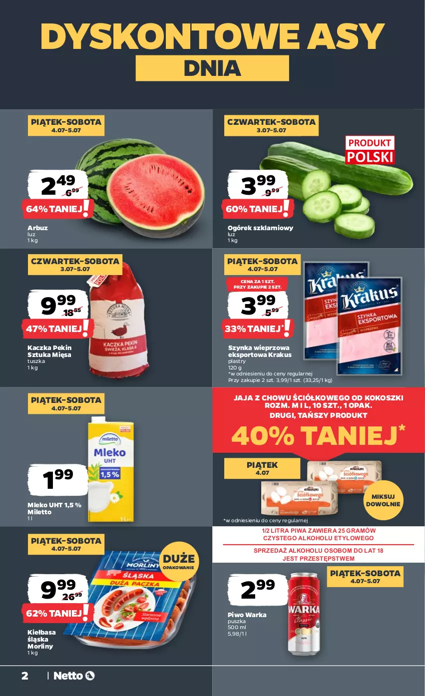 Gazetka promocyjna Netto - Od Czwartku - ważna 03.07 do 05.07.2025 - strona 2 - produkty: Arbuz, Gra, Jaja, Kaczka, Kiełbasa, Kiełbasa śląska, Kokos, Kosz, Krakus, Mleko, Morliny, Ogórek, Piwa, Piwo, Por, Sport, Szynka, Szynka wieprzowa, Tusz, Warka