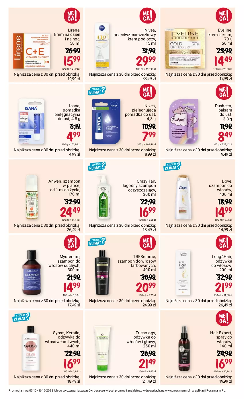 Gazetka promocyjna Rossmann - 3 października - ważna 03.10 do 16.10.2023 - strona 7 - produkty: Balsam do ust, Dove, Eveline, Fa, Isana, Krem na dzień, Krem na dzień i na noc, Krem pod oczy, Lirene, Mars, Nivea, Odżywka, Rum, Ser, Serum, Syoss, Szampon