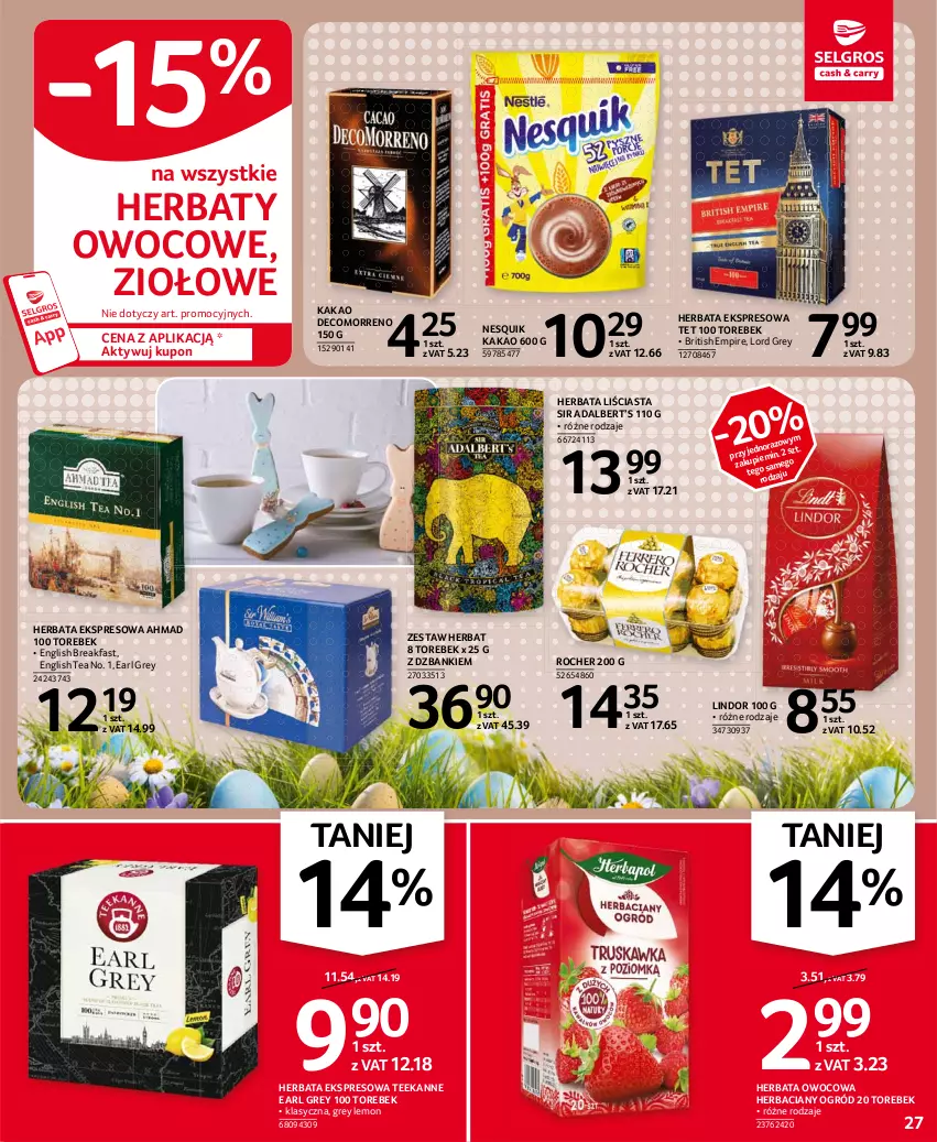 Gazetka promocyjna Selgros - Oferta spożywcza - ważna 25.03 do 05.04.2021 - strona 27 - produkty: Brit, Earl Grey, Fa, Herbata, Herbata owocowa, Kakao, Lindor, Nesquik, Ogród, Teekanne