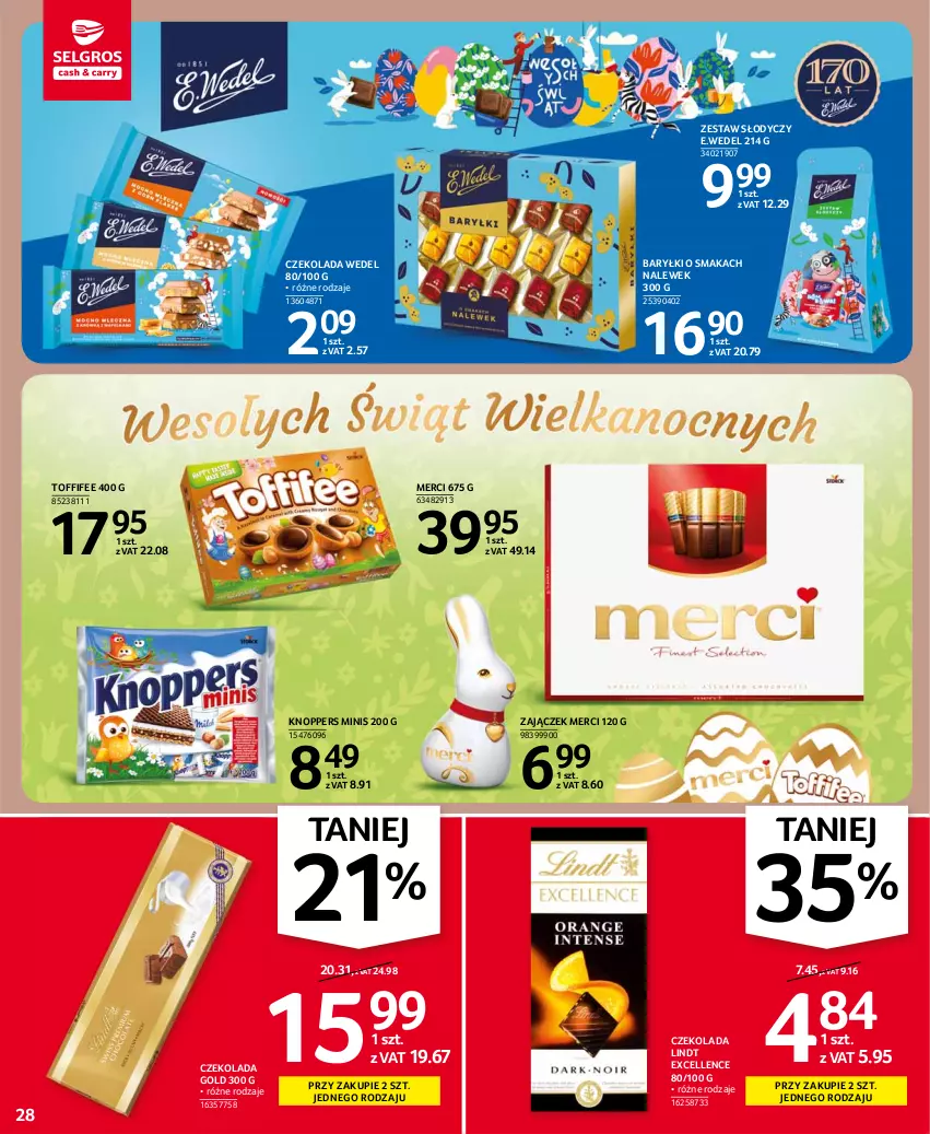 Gazetka promocyjna Selgros - Oferta spożywcza - ważna 25.03 do 05.04.2021 - strona 28 - produkty: Baryłki, Czekolada, Knoppers, Lindt, Merci, Toffifee