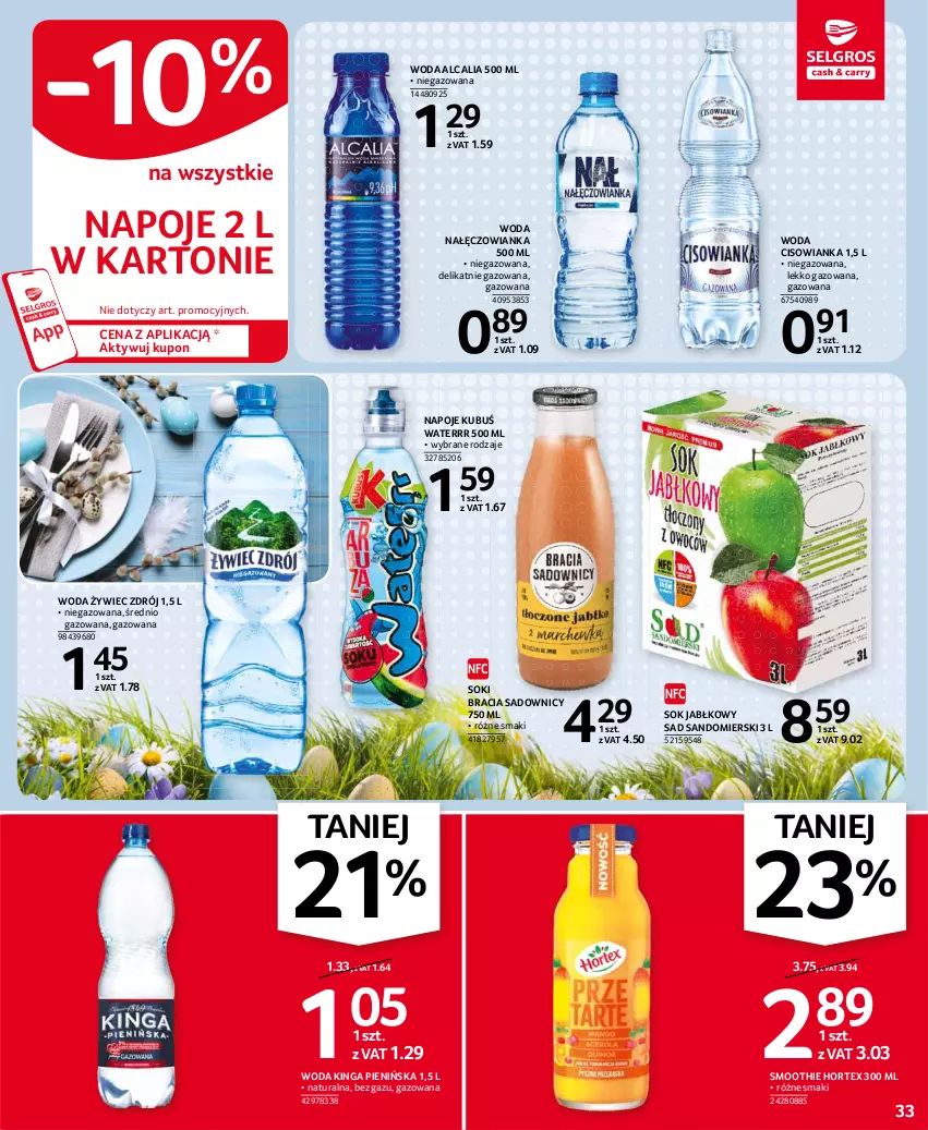 Gazetka promocyjna Selgros - Oferta spożywcza - ważna 25.03 do 05.04.2021 - strona 33 - produkty: Cisowianka, Hortex, Kubuś, Kubuś Waterrr, Nałęczowianka, Napoje, Smoothie, Sok, Sok jabłkowy, Woda