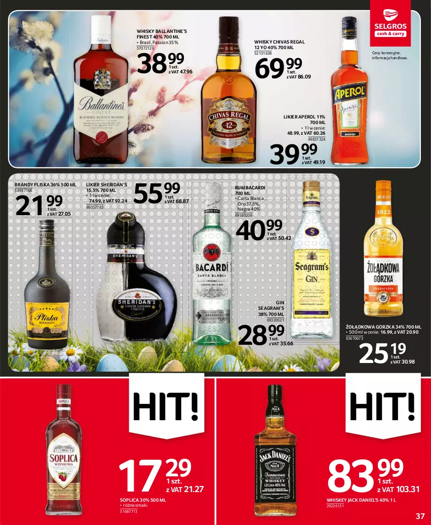 Gazetka promocyjna Selgros - Oferta spożywcza - ważna 25.03 do 05.04.2021 - strona 37 - produkty: Aperol, Bacardi, Brandy, Gin, Gra, Likier, Pliska, Rum, Soplica, Whiskey, Whisky