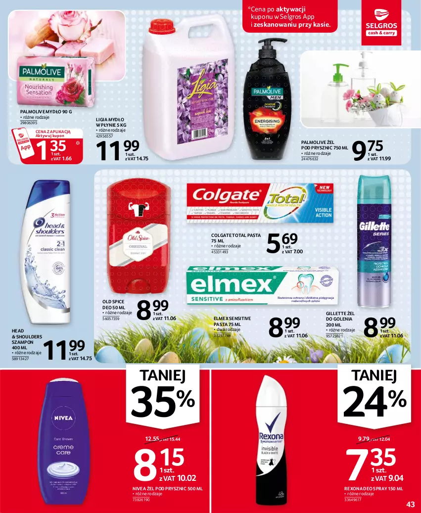 Gazetka promocyjna Selgros - Oferta spożywcza - ważna 25.03 do 05.04.2021 - strona 43 - produkty: Colgate, Colgate Total, Elmex, Gillette, LG, Mydło, Mydło w płynie, Nivea, Old Spice, Palmolive, Rexona, Szampon