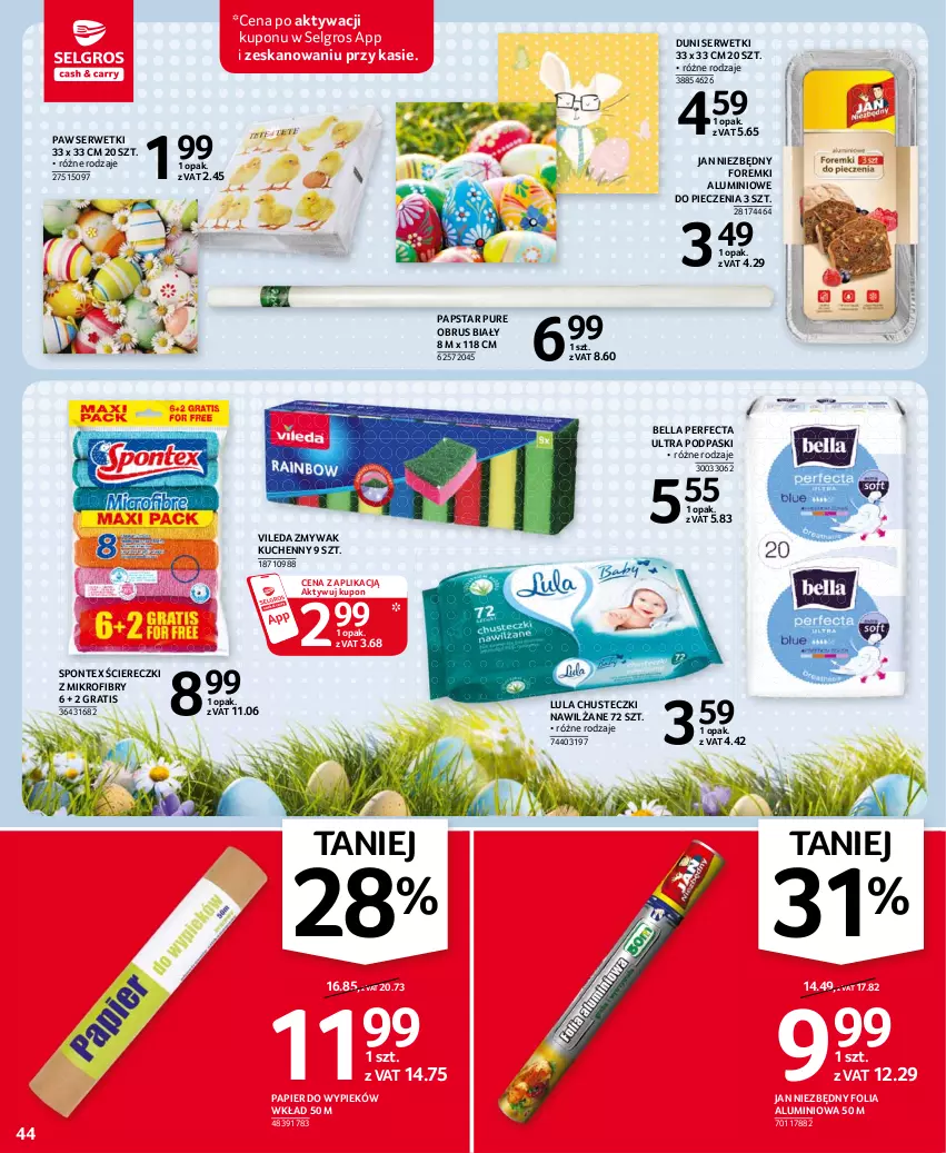 Gazetka promocyjna Selgros - Oferta spożywcza - ważna 25.03 do 05.04.2021 - strona 44 - produkty: Bell, Bella, Chusteczki, Folia aluminiowa, Foremki, Gra, Jan Niezbędny, LG, Obrus, Papier, Perfecta, Piec, Podpaski, Pur, Ser, Serwetki, Vileda