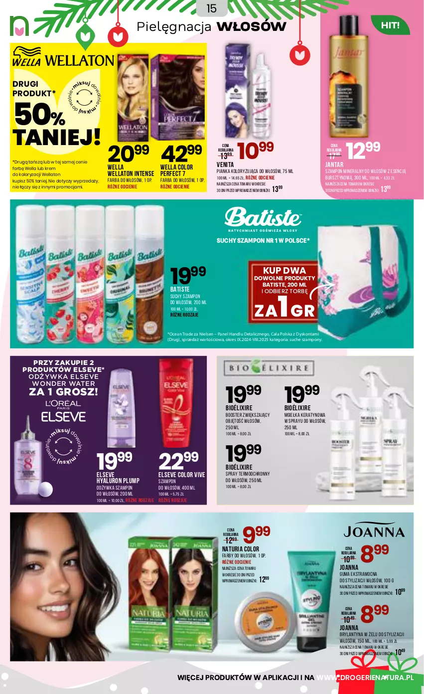 Gazetka promocyjna Drogerie Natura - Gazetka Drogerie Natura - ważna 10.12 do 28.12.2025 - strona 15 - produkty: Batiste, Booster, Bursztyn, Elseve, Fa, Farba do włosów, Joanna, Odżywka, Pielęgnacja włosów, Suchy szampon, Szampon, Wella