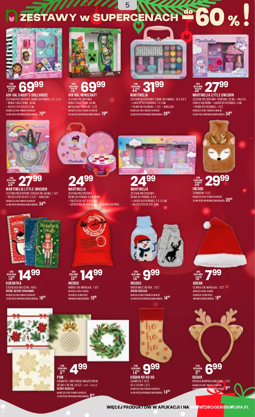 Gazetka promocyjna Drogerie Natura - Gazetka Drogerie Natura - ważna 10.12 do 28.12.2025 - strona 5 - produkty: Błyszczyk do ust, Czapka, Czekolada, Czekolada mleczna, Karp, Klej, Lakier, Lakier do paznokci, Makijaż, Minecraft, Opaska, Paleta, Perfum, Pilnik, Pilnik do paznokci, Pudełko, Renifer, Ser, Serwetki, Woda, Woda toaletowa, Zestaw prezentowy