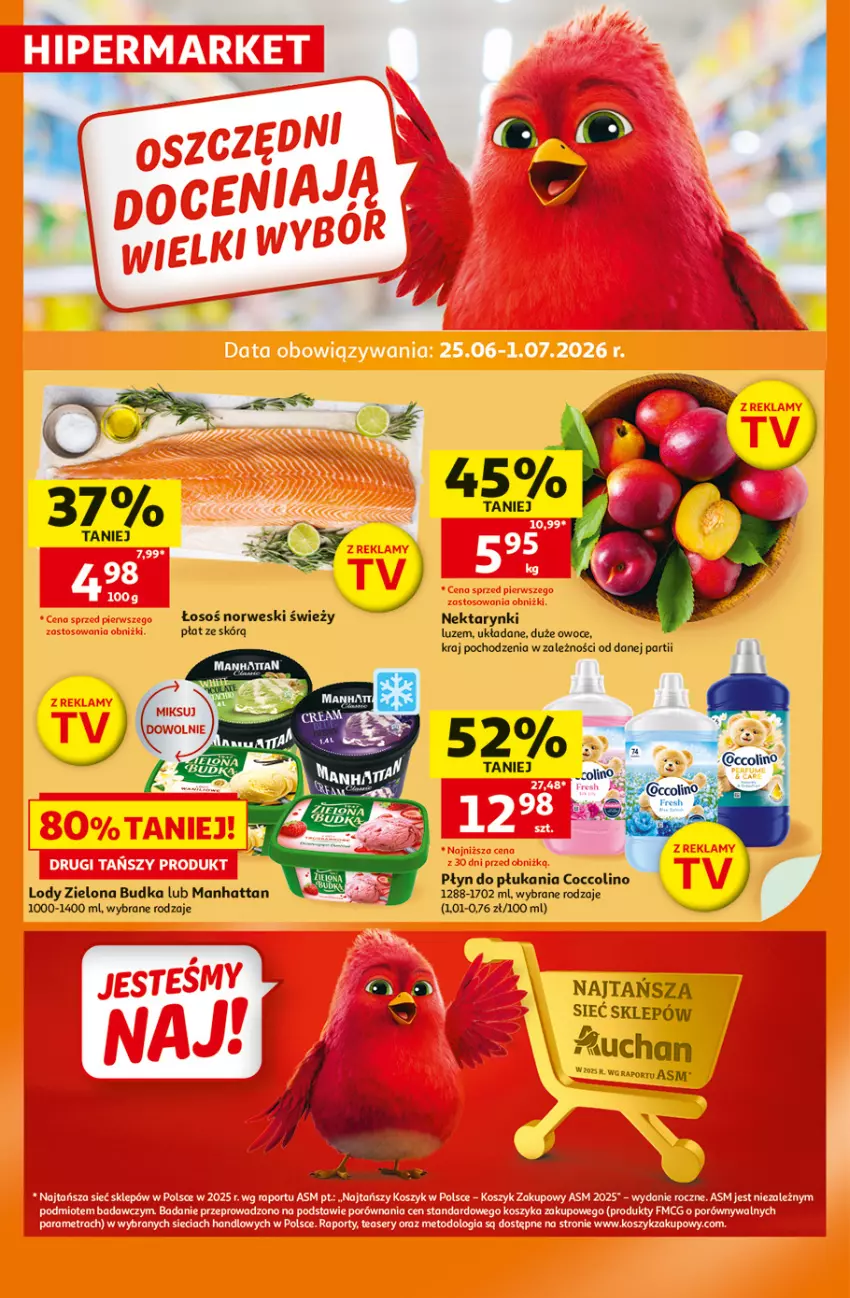 Gazetka promocyjna Auchan - 30 Lat Hipermarket - ważna 25.06 do 01.07.2026 - strona 1 - produkty: Coccolino, Kosz, Lody, Nektar, Odol, Owoce, Płyn do płukania, Por, Ser, Zielona Budka