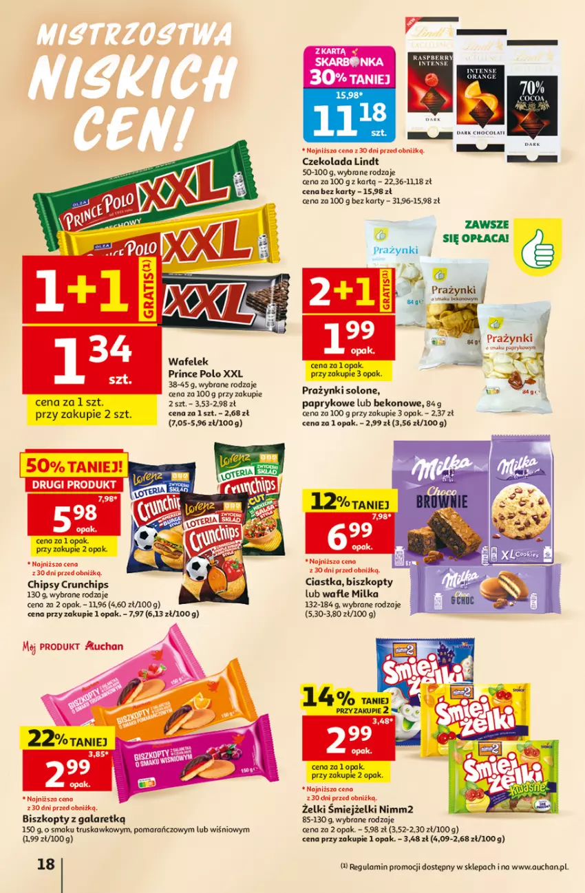 Gazetka promocyjna Auchan - 30 Lat Hipermarket - ważna 25.06 do 01.07.2026 - strona 18 - produkty: Beko, Biszkopty, Chipsy, Ciastka, Crunchips, Czekolada, Gala, Lindt, Milka, Nimm2, Prince Polo, Wafelek, Wafle