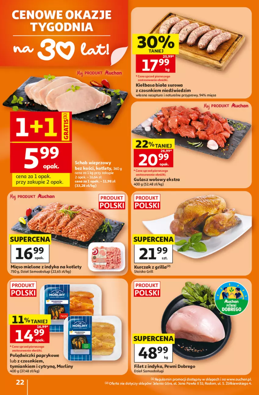 Gazetka promocyjna Auchan - 30 Lat Hipermarket - ważna 25.06 do 01.07.2026 - strona 22 - produkty: Grill, Gulasz wołowy, Kiełbasa, Kiełbasa biała, Kotlet, Kurczak, Mięso, Mięso mielone, Morliny, Przyprawy