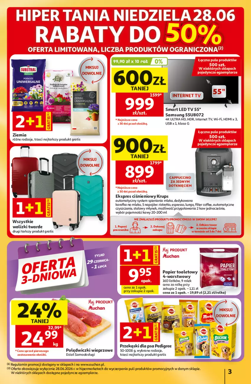 Gazetka promocyjna Auchan - 30 Lat Hipermarket - ważna 25.06 do 01.07.2026 - strona 3 - produkty: Gra, Karafka, Krups, LED TV, Mleko, Młynek, Papier, Papier toaletowy, Pedigree, Przekąski dla psa, Samsung