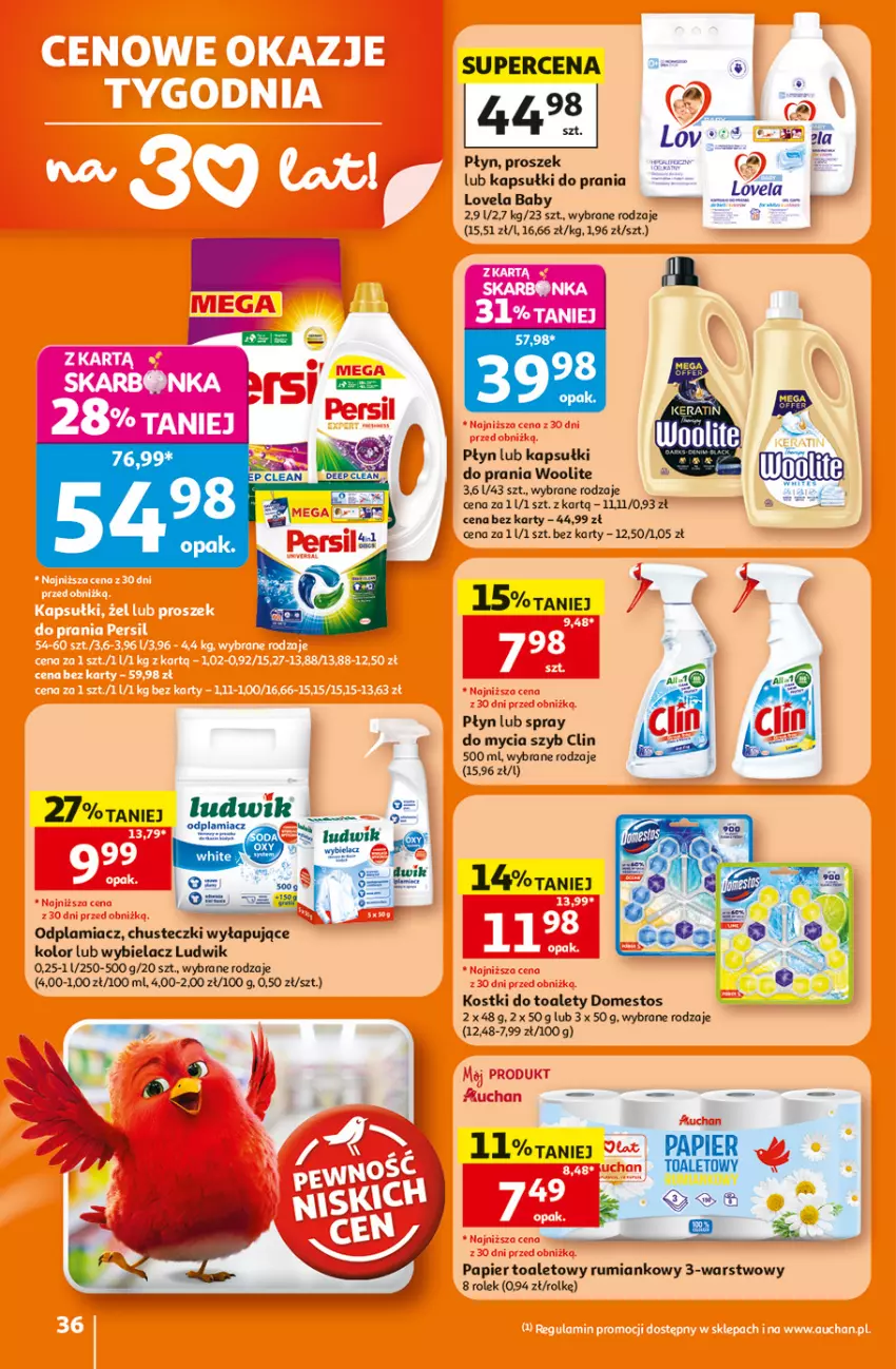 Gazetka promocyjna Auchan - 30 Lat Hipermarket - ważna 25.06 do 01.07.2026 - strona 36 - produkty: Chusteczki, Clin, Domestos, Kapsułki do prania, Lovela, Ludwik, Odplamiacz, Papier, Papier toaletowy, Rum, Woolite