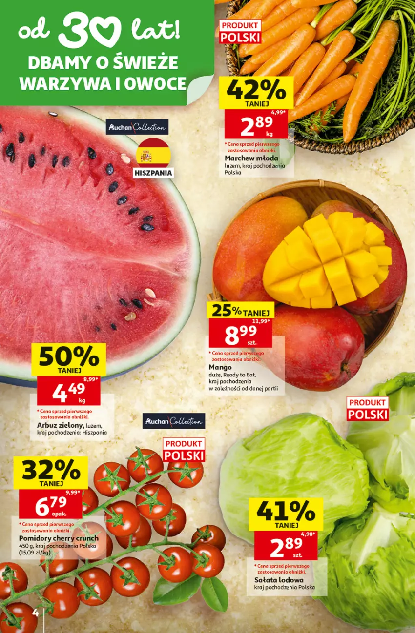 Gazetka promocyjna Auchan - 30 Lat Hipermarket - ważna 25.06 do 01.07.2026 - strona 4 - produkty: Arbuz, Mango, Owoce, Pomidory, Sałat, Sałata lodowa, Warzywa, Warzywa i owoce