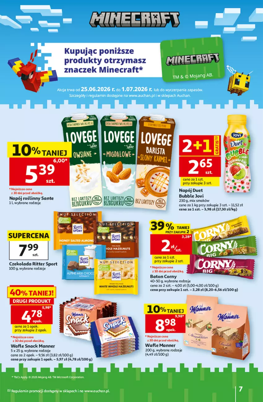 Gazetka promocyjna Auchan - 30 Lat Hipermarket - ważna 25.06 do 01.07.2026 - strona 7 - produkty: Baton, Czekolada, Gra, Minecraft, Napój, Napój roślinny, Por, Ritter Sport, Sante, Sport, Wafle