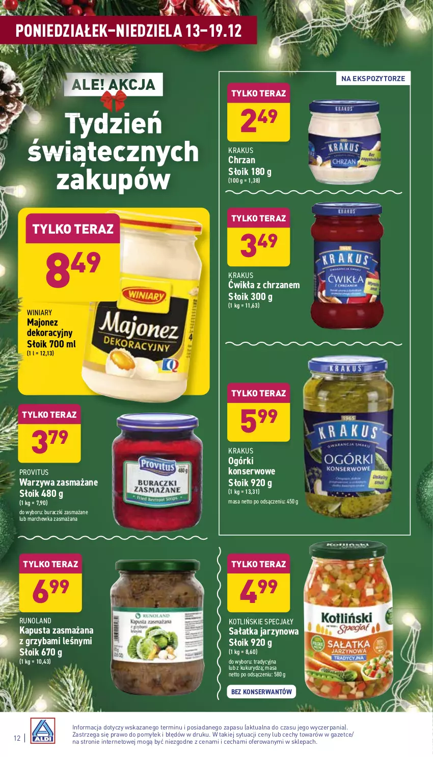 Gazetka promocyjna Aldi - Pełny katalog - ważna 13.12 do 19.12.2021 - strona 12 - produkty: Buraczki, Chrzan, Krakus, Majonez, Marchewka, Ogórki konserwowe, Runoland, Sałat, Sałatka, Ser, Tera, Warzywa, Winiary