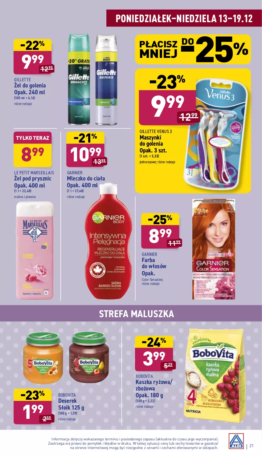 Gazetka promocyjna Aldi - Pełny katalog - ważna 13.12 do 19.12.2021 - strona 21 - produkty: BoboVita, Deser, Fa, Farba do włosów, Garnier, Gillette, Gillette Venus, Mars, Mleczko, Mleczko do ciała, Piwo, Ryż, Sati, Ser, Serek, Tera, Venus