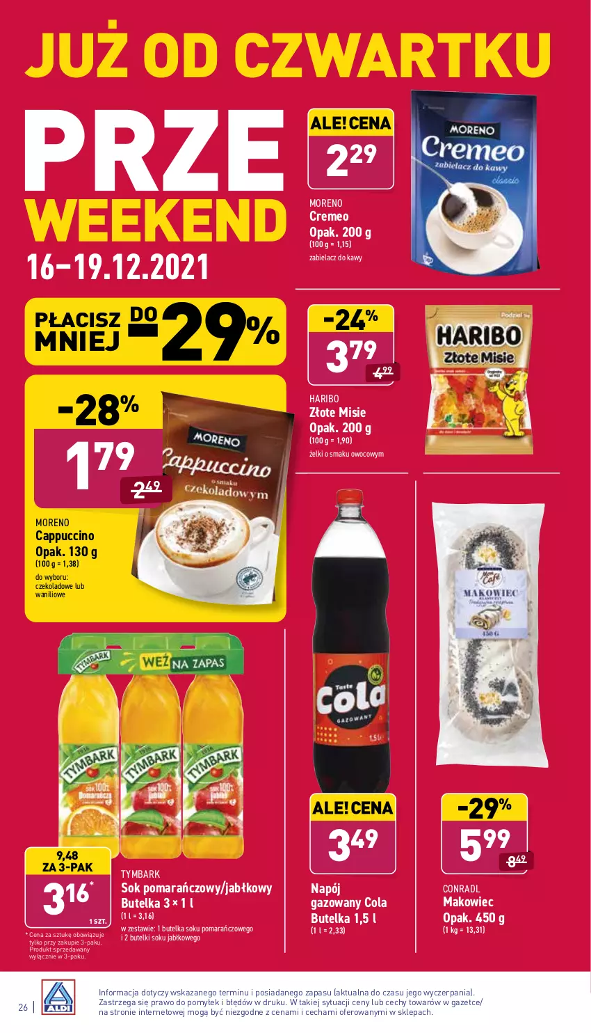 Gazetka promocyjna Aldi - Pełny katalog - ważna 13.12 do 19.12.2021 - strona 26 - produkty: Cappuccino, Haribo, Makowiec, Napój, Napój gazowany, Sok, Sok pomarańczowy, Tymbark