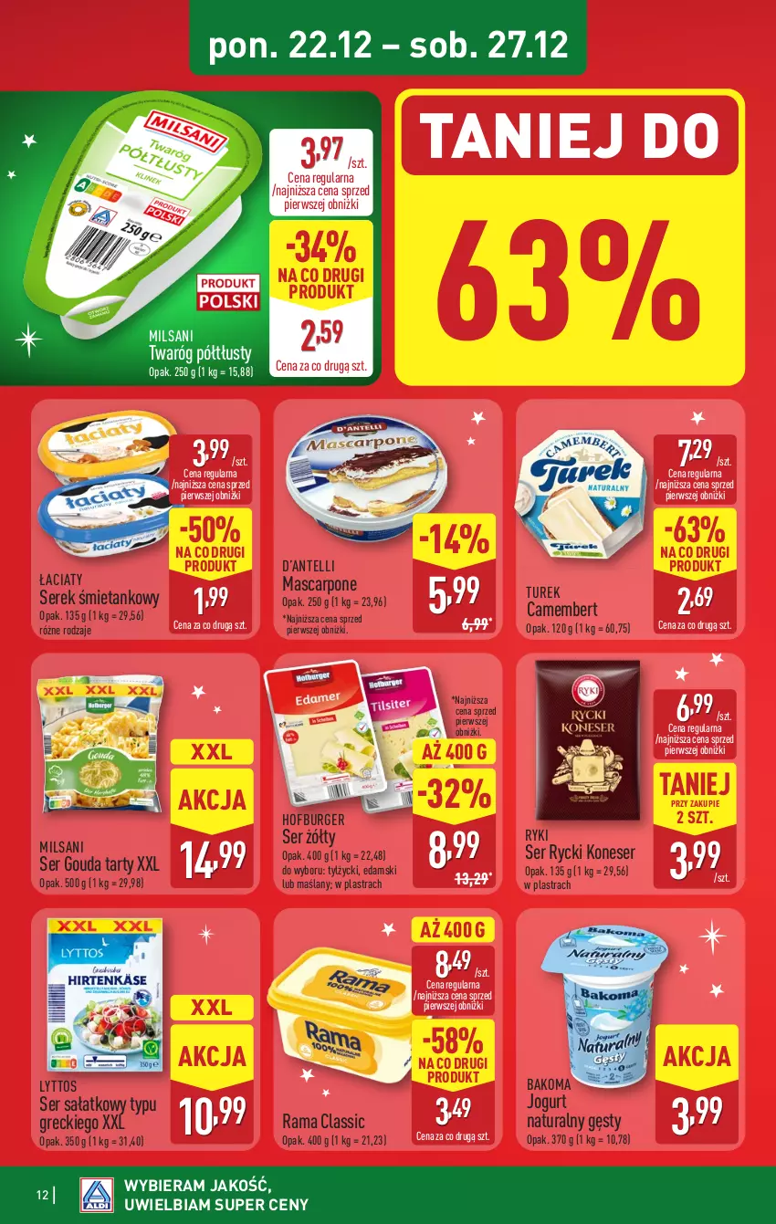 Gazetka promocyjna Aldi - Pełna oferta - ważna 22.12 do 27.12.2025 - strona 12 - produkty: Bakoma, Burger, Camembert, Edam, Gouda, Hofburger, Jogurt, Jogurt naturalny, Mascarpone, Rama, Sałat, Ser, Serek, Twaróg, Twaróg półtłusty