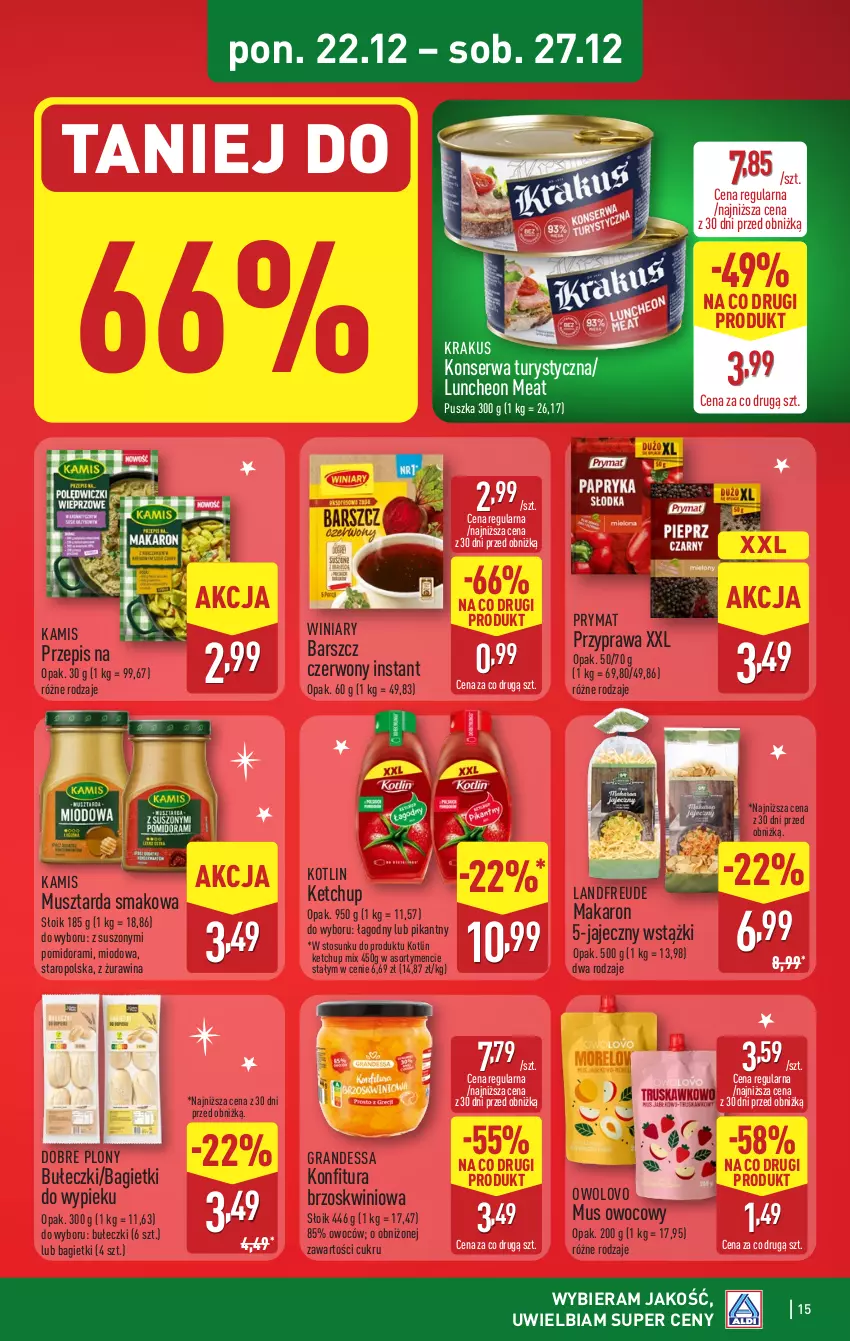 Gazetka promocyjna Aldi - Pełna oferta - ważna 22.12 do 27.12.2025 - strona 15 - produkty: Bułeczki, Gra, Kamis, Ketchup, Konfitura, Konserwa turystyczna, Kotlin, Krakus, Makaron, Mus, Musztarda, Prymat, Ser, Winiary