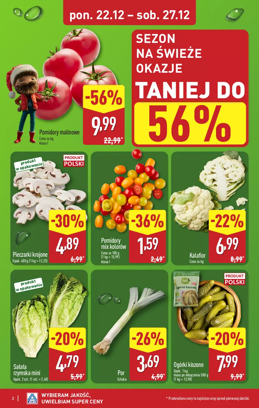 Gazetka promocyjna Aldi - Pełna oferta - ważna 22.12 do 27.12.2025 - strona 2 - produkty: Kalafior, Piec, Pieczarki krojone, Pomidory, Por, Sałat