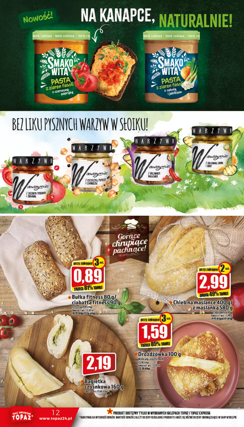 Gazetka promocyjna Topaz - Gazetka - ważna 03.11 do 09.11.2022 - strona 12 - produkty: Bułka, Bułka fitness, Chleb, Ciabatta, Sok, Top