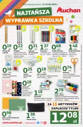 Gazetka promocyjna Auchan - NAJTAŃSZA Wyprawka Szkolna Hipermarket - Gazetka - ważna od 23.08 do 23.08.2024 - strona 1 - produkty: Por, Acer, Flamastry, Cień, Klej, Piórnik, Pojemnik, Tusz, Plastelina, Sharp, Baton, Fa