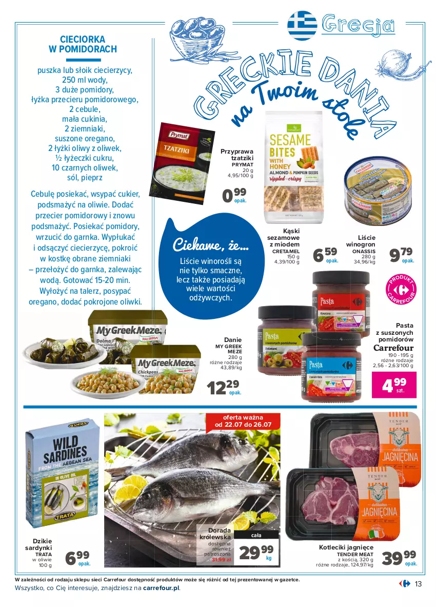 Gazetka promocyjna Carrefour - Gazetka Kuchnia śródziemnomorska - ważna 19.07 do 31.07.2021 - strona 13 - produkty: Cieciorka, Cukier, Oliwki, Orka, Pieprz, Pomidory, Prymat, Sardynki, Sezam, Sól, Talerz, Wino, Ziemniaki