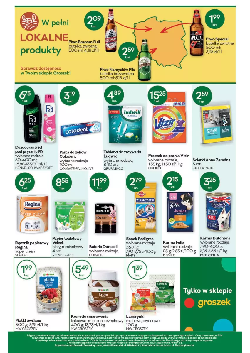 Gazetka promocyjna Groszek - Gazetka - ważna 12.08 do 24.08.2021 - strona 12 - produkty: Bateria, BIC, Biuro, Butcher's, Colgate, Dezodorant, Duracell, Fa, Felix, Gin, Gres, Groszek, Kakao, LG, Ludwik, Namysłów, Palmolive, Papier, Papier toaletowy, Pasta do zębów, Pedigree, Piwo, Płatki owsiane, Por, Proszek do prania, Ręcznik, Rum, Schwarzkopf, Tablet, Tabletki do zmywarki, Velvet, Vizir, Zmywarki