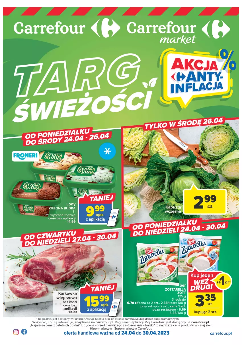 Gazetka promocyjna Carrefour - Gazetka Targ świeżości - ważna 24.04 do 30.04.2023 - strona 1 - produkty: Karkówka wieprzowa, Kosz, Sos, Zott, Zottarella