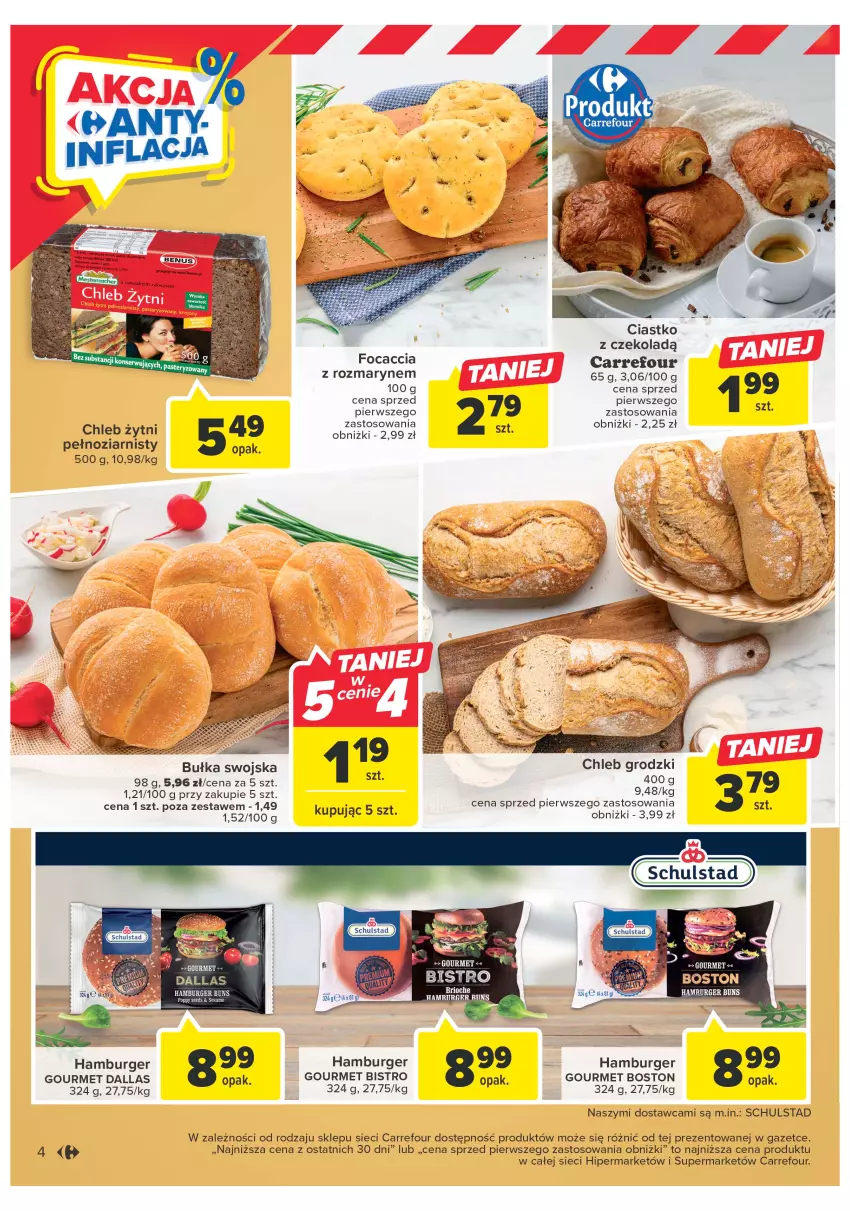 Gazetka promocyjna Carrefour - Gazetka Targ świeżości - ważna 24.04 do 30.04.2023 - strona 4 - produkty: Bułka, Burger, Chleb, Focaccia, Hamburger