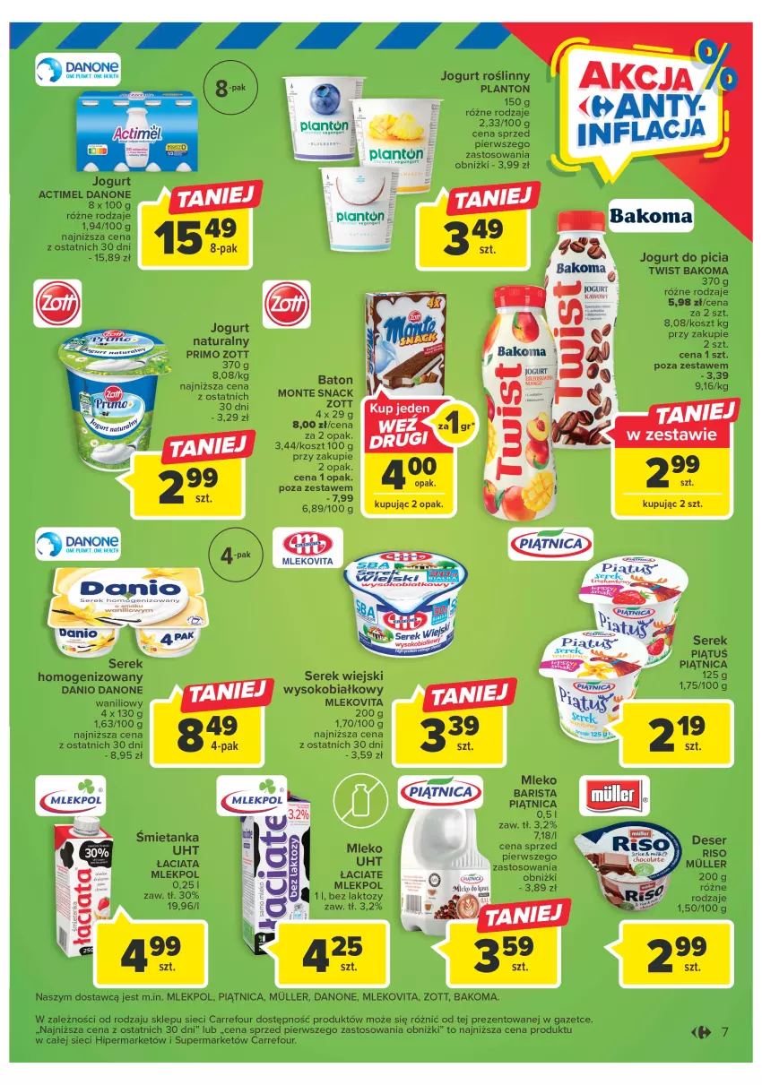 Gazetka promocyjna Carrefour - Gazetka Targ świeżości - ważna 24.04 do 30.04.2023 - strona 7 - produkty: Actimel, Bakoma, Baton, Danio, Danone, Deser, Jogurt, Kosz, Mleko, Mlekovita, Monte, Piątnica, Ser, Serek, Serek wiejski, Sok, Zott