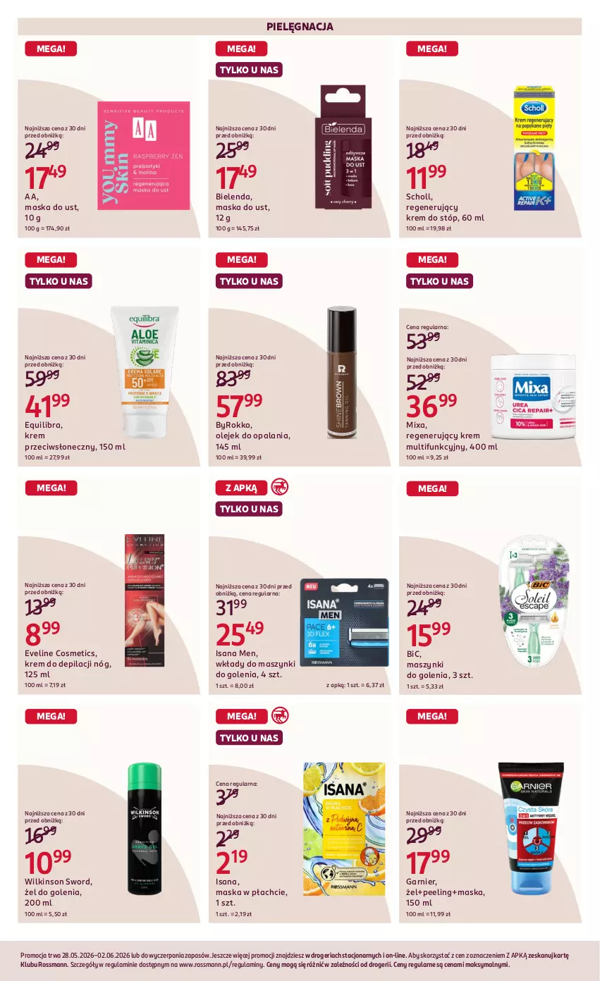 Gazetka promocyjna Rossmann - Gazetka promocyjna Rossmanna - ważna 27.05 do 02.06.2026 - strona 4 - produkty: BIC, Bielenda, Eveline, Garnier, Isana, Krem do depilacji, Krem do stóp, Maska, Maska w płachcie, Mixa, Olej, Peeling, Scholl, Wilkinson Sword