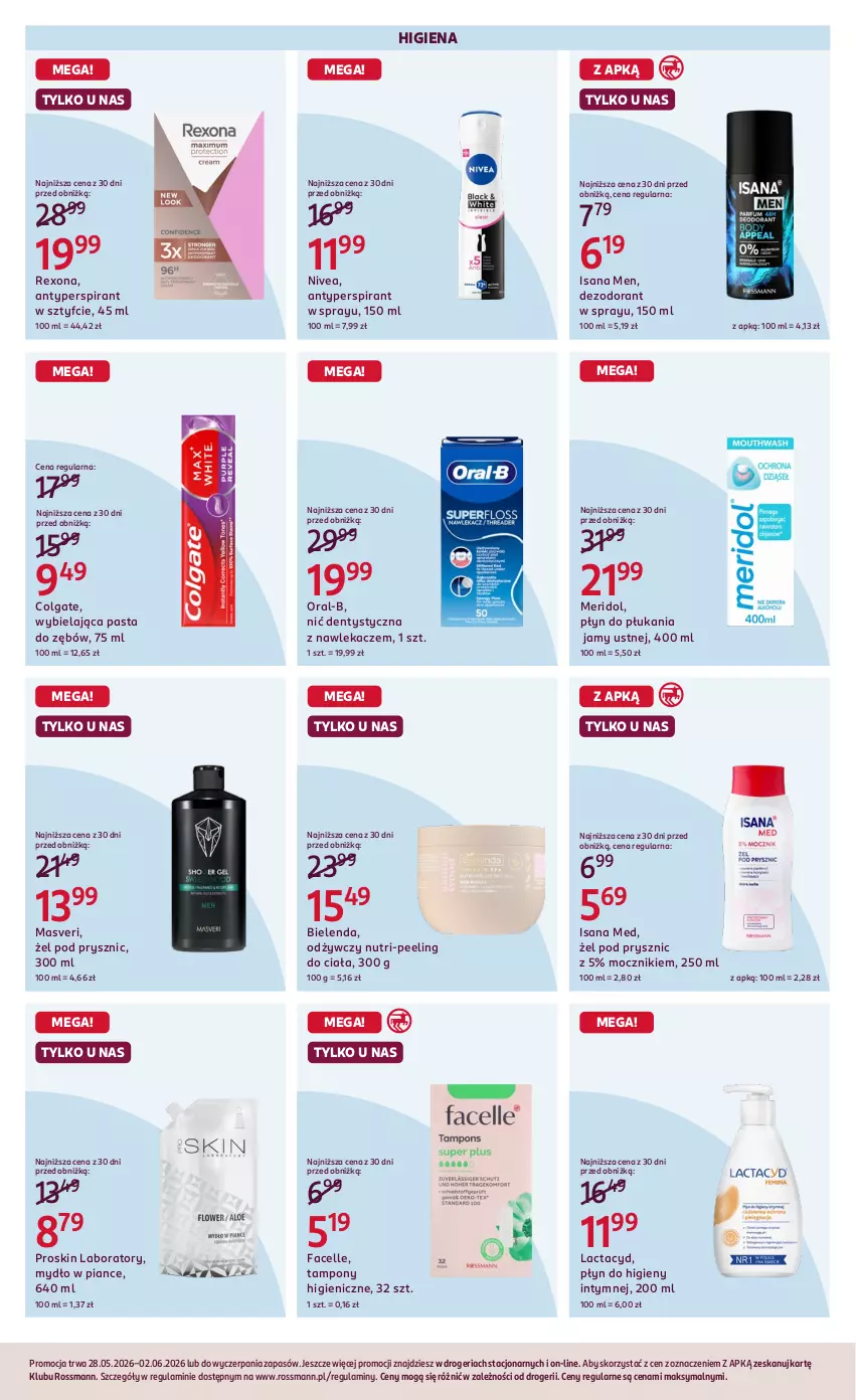 Gazetka promocyjna Rossmann - Gazetka promocyjna Rossmanna - ważna 27.05 do 02.06.2026 - strona 6 - produkty: Antyperspirant, Bielenda, Colgate, Dezodorant, Fa, Facelle, Isana, Lactacyd, LG, Mydło, Nić dentystyczna, Nivea, Pasta do zębów, Peeling, Płyn do higieny intymnej, Płyn do płukania, Płyn do płukania jamy ustnej, Rexona, Tampony