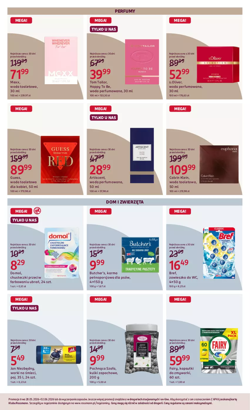 Gazetka promocyjna Rossmann - Gazetka promocyjna Rossmanna - ważna 27.05 do 02.06.2026 - strona 8 - produkty: Bref, Calvin Klein, Chusteczki, Domol, Fa, Fairy, Jan Niezbędny, Mexx, Perfum, Por, S.Oliver, Szafa, Tom Tailor, Woda, Woda perfumowana, Woda toaletowa, Worki na śmiec, Worki na śmieci, Zawieszka do wc, Zmywarki, Zwierzęta