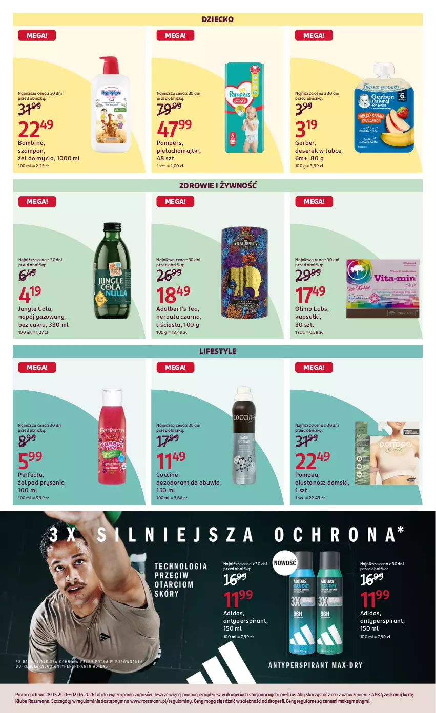 Gazetka promocyjna Rossmann - Gazetka promocyjna Rossmanna - ważna 27.05 do 02.06.2026 - strona 9 - produkty: Adidas, Antyperspirant, Biustonosz, Deser, Dezodorant, Gerber, Herbata, Herbata czarna, Majtki, Napój, Napój gazowany, Pampers, Perfecta, Pieluchomajtki, Ser, Serek, Szampon, Zdrowie