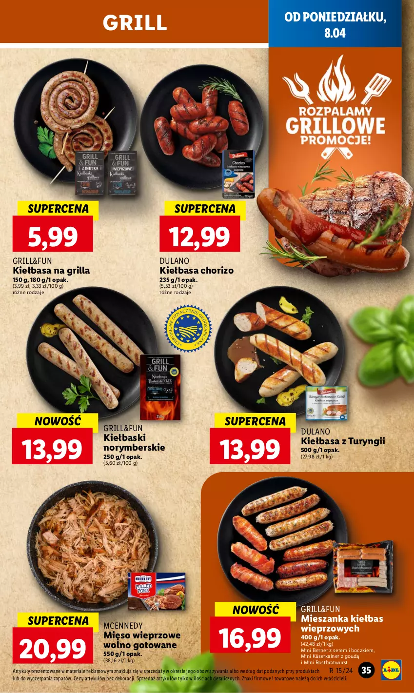 Gazetka promocyjna Lidl - GAZETKA - ważna 08.04 do 10.04.2024 - strona 35 - produkty: Dulano, Grill, Kiełbasa, Mięso, Mięso wieprzowe, Ser