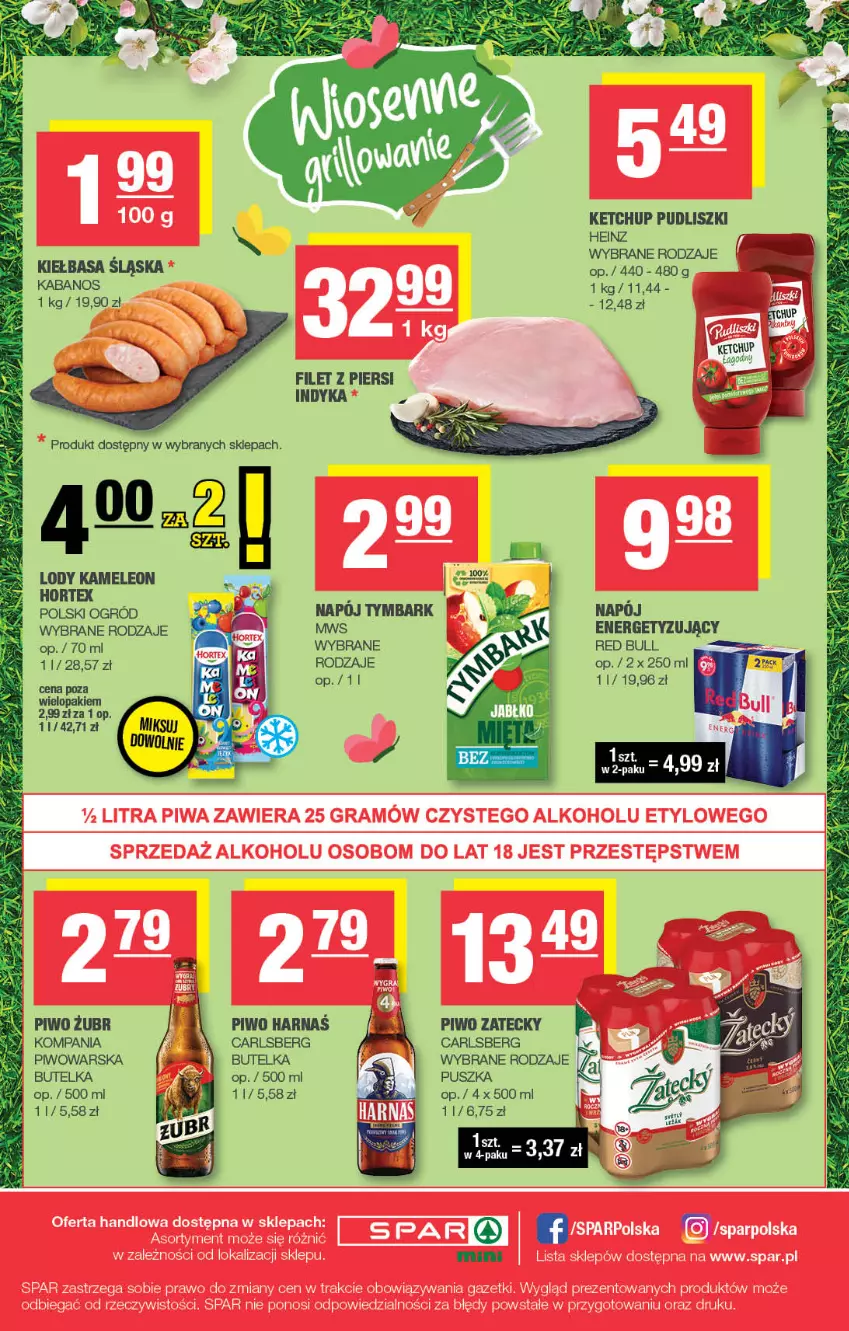 Gazetka promocyjna Spar - Spar-Mini - ważna 04.05 do 14.05.2025 - strona 4 - produkty: Carlsberg, Eleo, Filet z piersi indyka, Heinz, Hortex, Kabanos, Ketchup, Kiełbasa, Kiełbasa śląska, Leon, Lody, Ogród, Piwo, Pudliszki, Red Bull, Tymbark