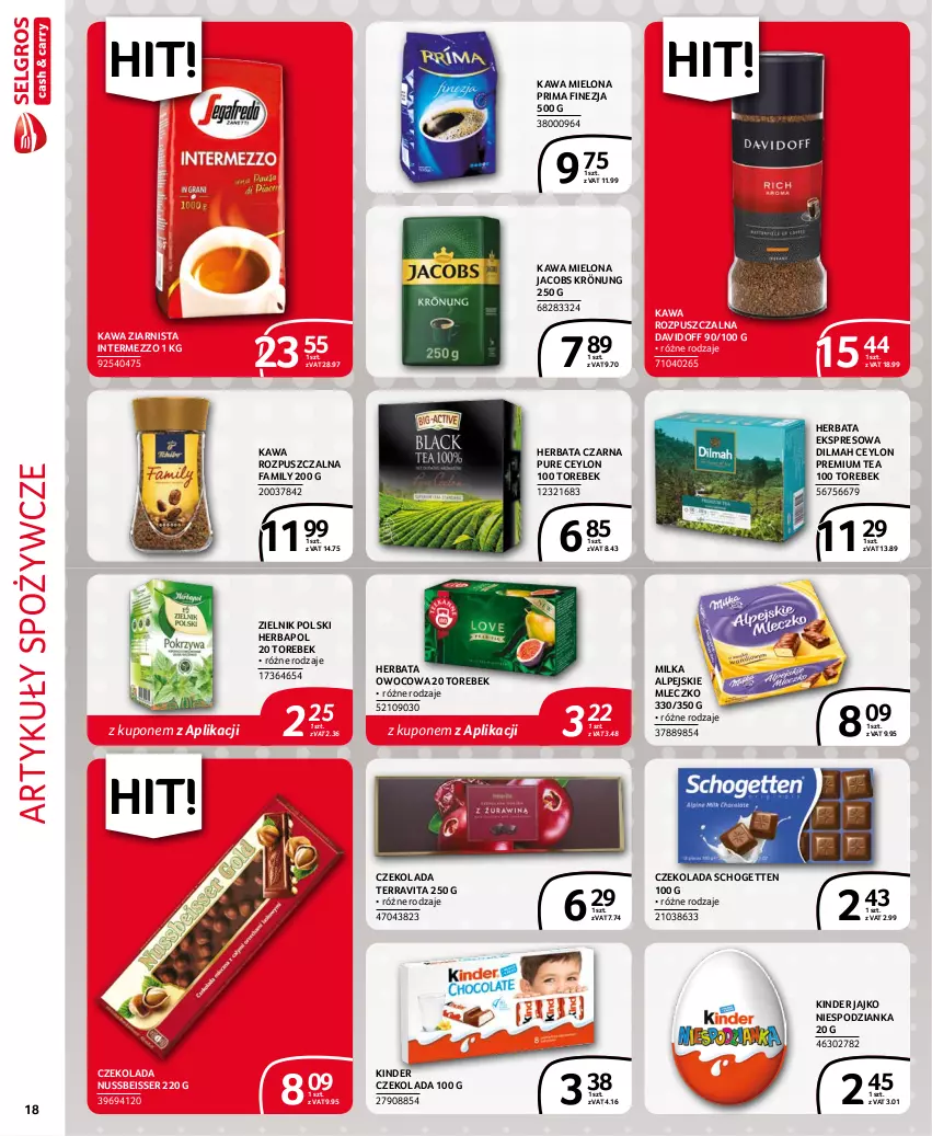 Gazetka promocyjna Selgros - Extra Oferta - ważna 01.09 do 30.09.2021 - strona 18 - produkty: Artykuły spożywcze, Czekolada, Davidoff, Dilmah, Fa, Herbapol, Herbata, Herbata czarna, Herbata owocowa, Jacobs, Jacobs Krönung, Kawa, Kawa mielona, Kawa rozpuszczalna, Kawa ziarnista, Kinder, Milka, Mleczko, Prima, Pur, Schogetten, Ser