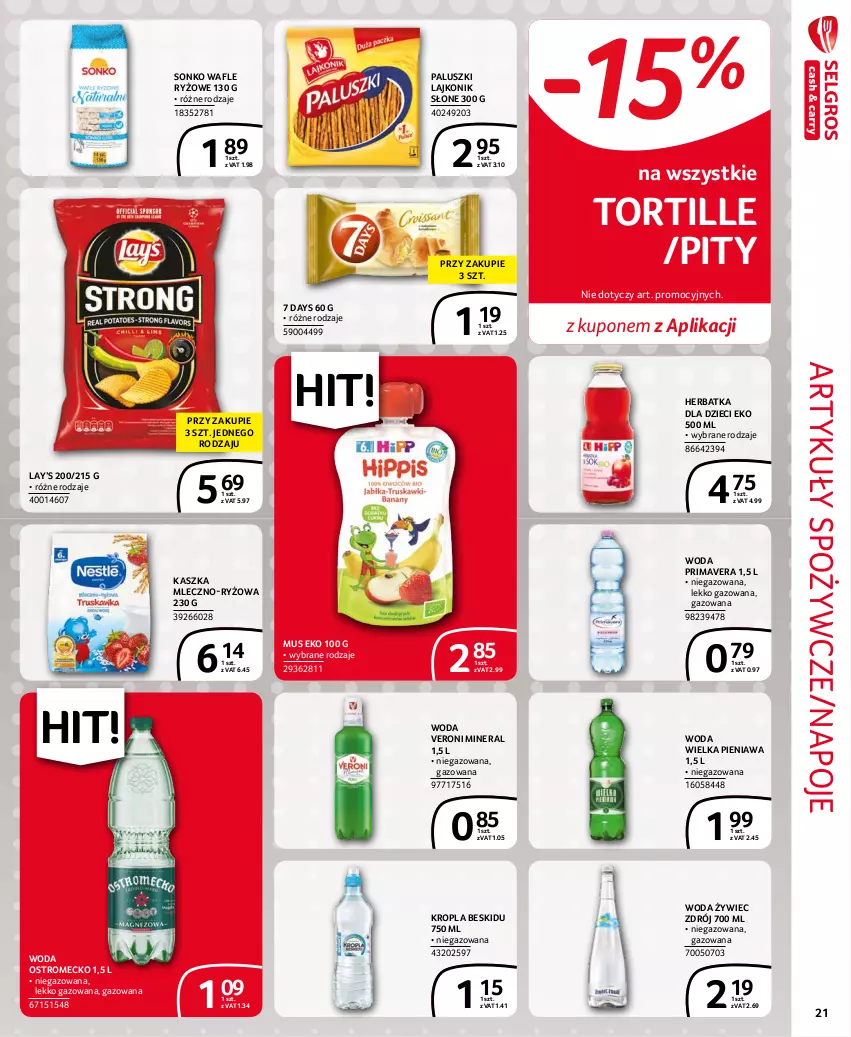 Gazetka promocyjna Selgros - Extra Oferta - ważna 01.09 do 30.09.2021 - strona 21 - produkty: 7 Days, Artykuły spożywcze, Dzieci, Lajkonik, Lay’s, Mus, Napoje, Prima, Primavera, Ryż, Sonko, Wafle, Woda