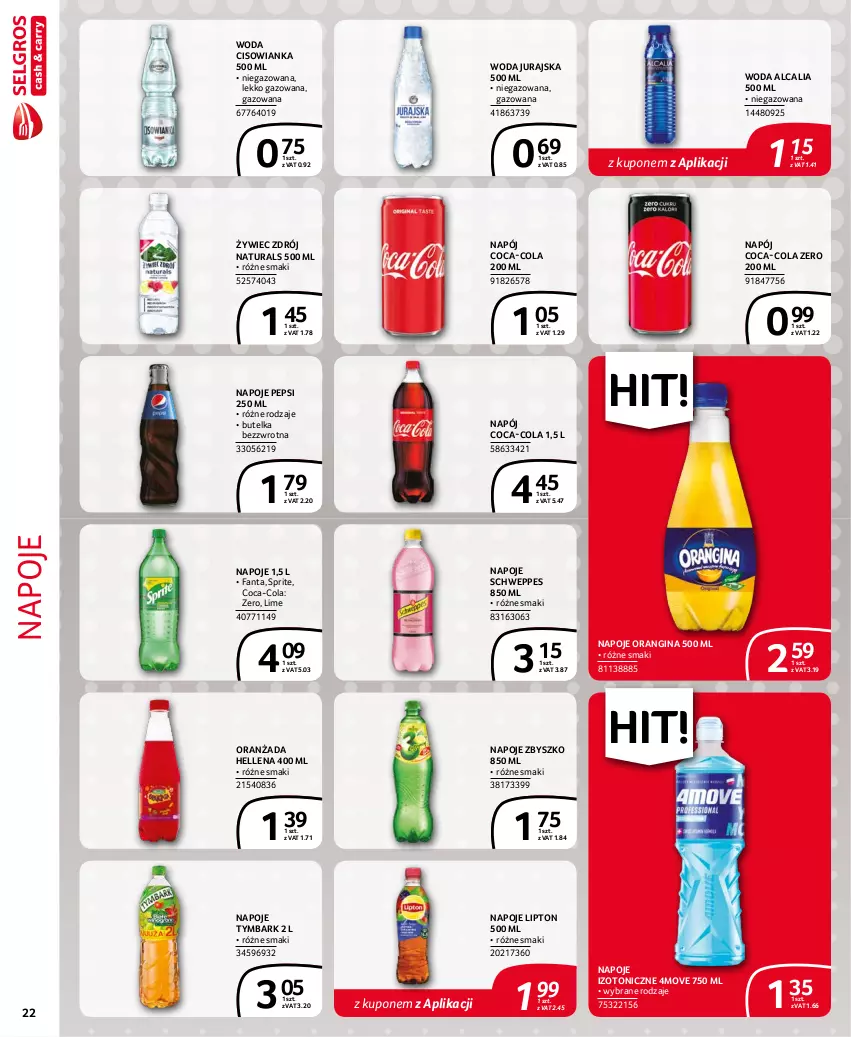 Gazetka promocyjna Selgros - Extra Oferta - ważna 01.09 do 30.09.2021 - strona 22 - produkty: Cisowianka, Coca-Cola, Fa, Fanta, Gin, Hellena, Lipton, Napój, Napoje, Oranżada, Pepsi, Schweppes, Sprite, Tymbark, Woda