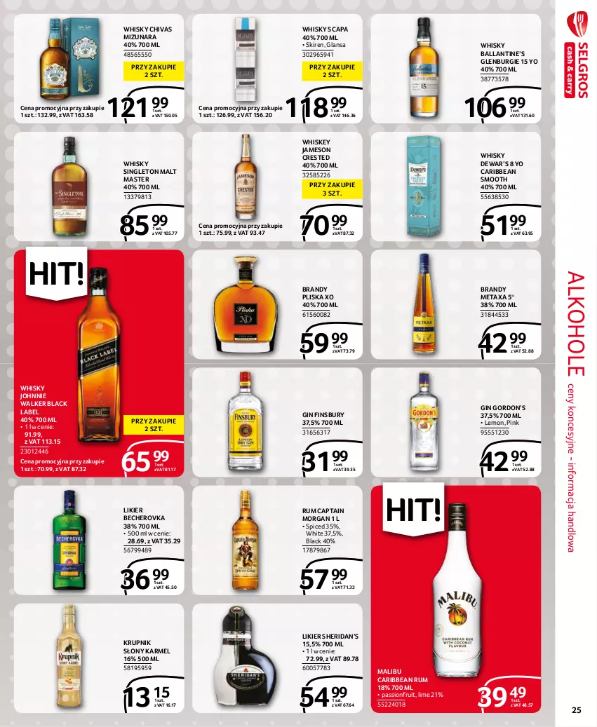 Gazetka promocyjna Selgros - Extra Oferta - ważna 01.09 do 30.09.2021 - strona 25 - produkty: Alkohole, Brandy, Captain Morgan, Gin, Jameson, Johnnie Walker, Krupnik, Lack, Likier, Malibu, Metaxa, Pliska, Rum, Whiskey, Whisky