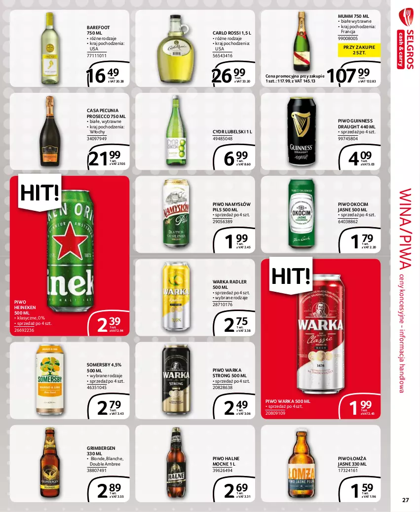 Gazetka promocyjna Selgros - Extra Oferta - ważna 01.09 do 30.09.2021 - strona 27 - produkty: Barefoot, Carlo Rossi, Heineken, Koc, Namysłów, Okocim, Piwa, Piwo, Prosecco, Radler, Somersby, Warka