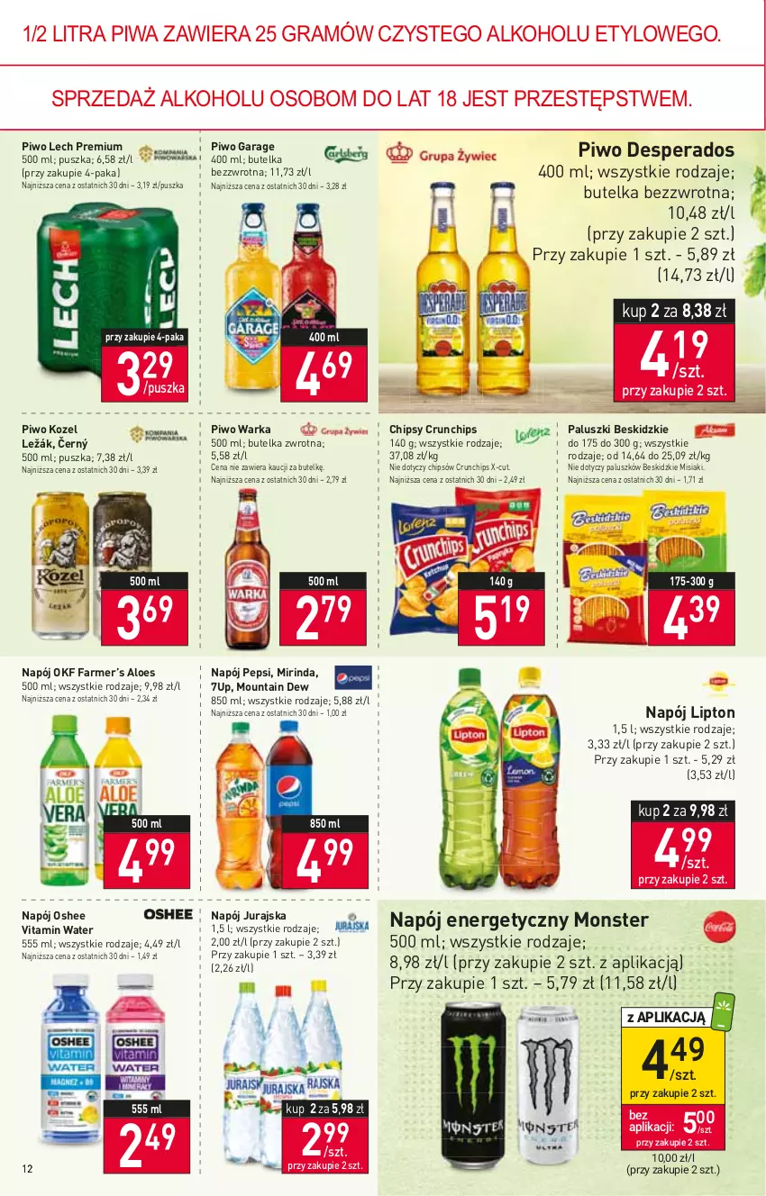 Gazetka promocyjna Stokrotka - Supermarket - ważna 26.01 do 01.02.2023 - strona 12 - produkty: 7up, Beskidzki, Chipsy, Crunchips, Desperados, Fa, Gra, Kozel, Lech Premium, Lipton, Mirinda, Napój, Napój energetyczny, Oshee, Pepsi, Piwa, Piwo, Warka