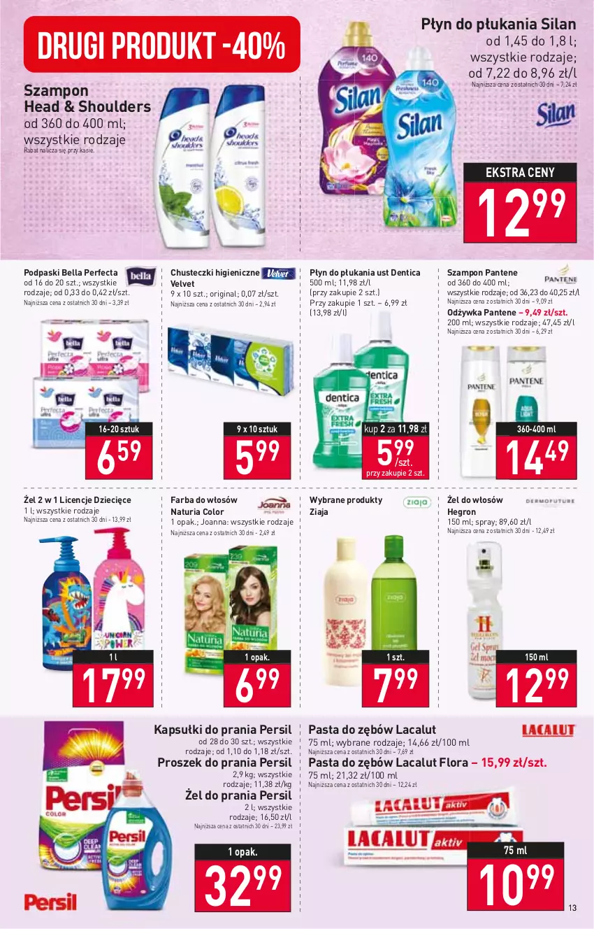 Gazetka promocyjna Stokrotka - Supermarket - ważna 26.01 do 01.02.2023 - strona 13 - produkty: Bell, Bella, Chusteczki, Dzieci, Fa, Farba do włosów, Flora, Gin, Hegron, Joanna, Kapsułki do prania, Lacalut, Odżywka, Pantene, Pasta do zębów, Perfecta, Persil, Płyn do płukania, Podpaski, Proszek do prania, Silan, Szampon, Velvet, Ziaja