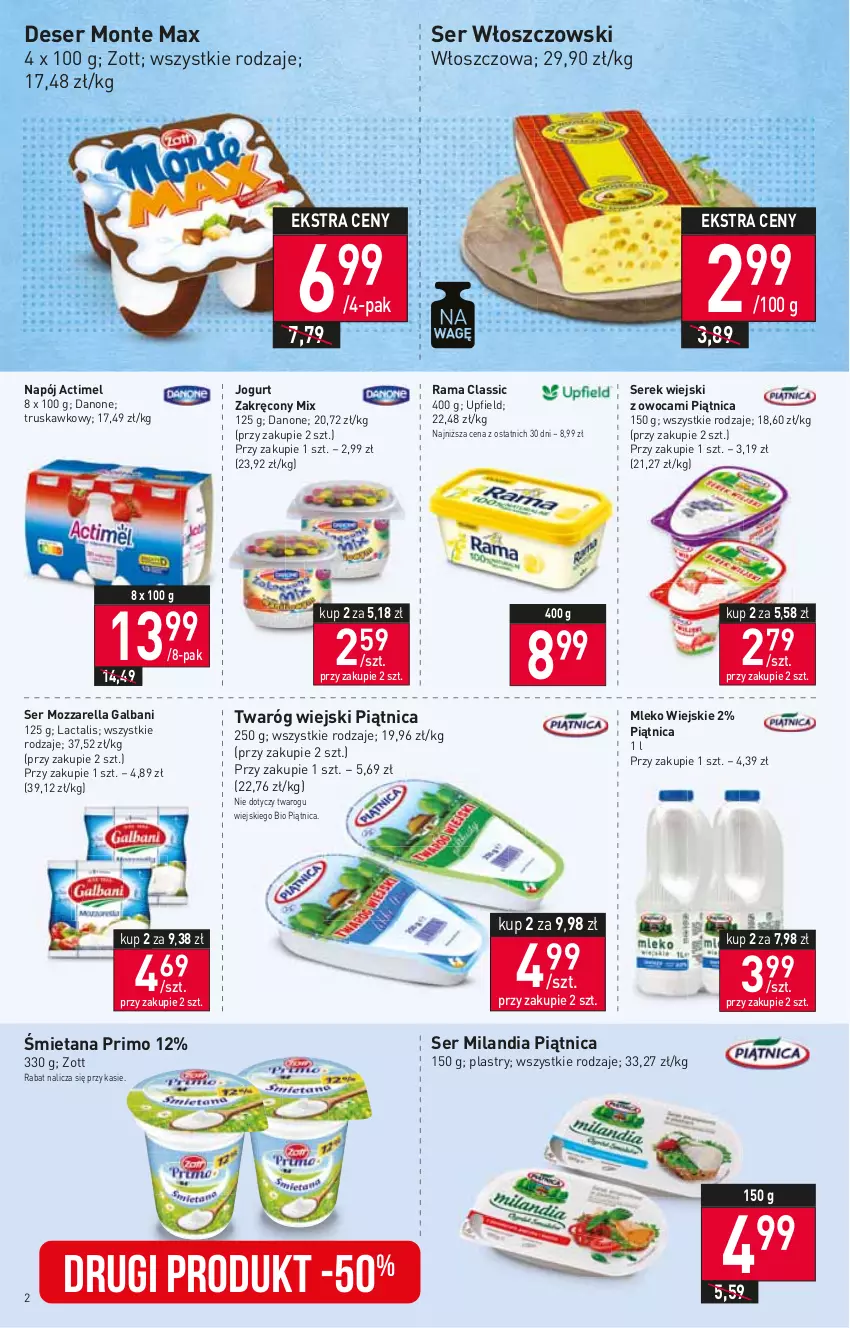 Gazetka promocyjna Stokrotka - Supermarket - ważna 26.01 do 01.02.2023 - strona 2 - produkty: Actimel, Danone, Deser, Galbani, Jogurt, Mleko, Monte, Mozzarella, Napój, Piątnica, Rama, Ser, Serek, Serek wiejski, Twaróg, Włoszczowski, Zott