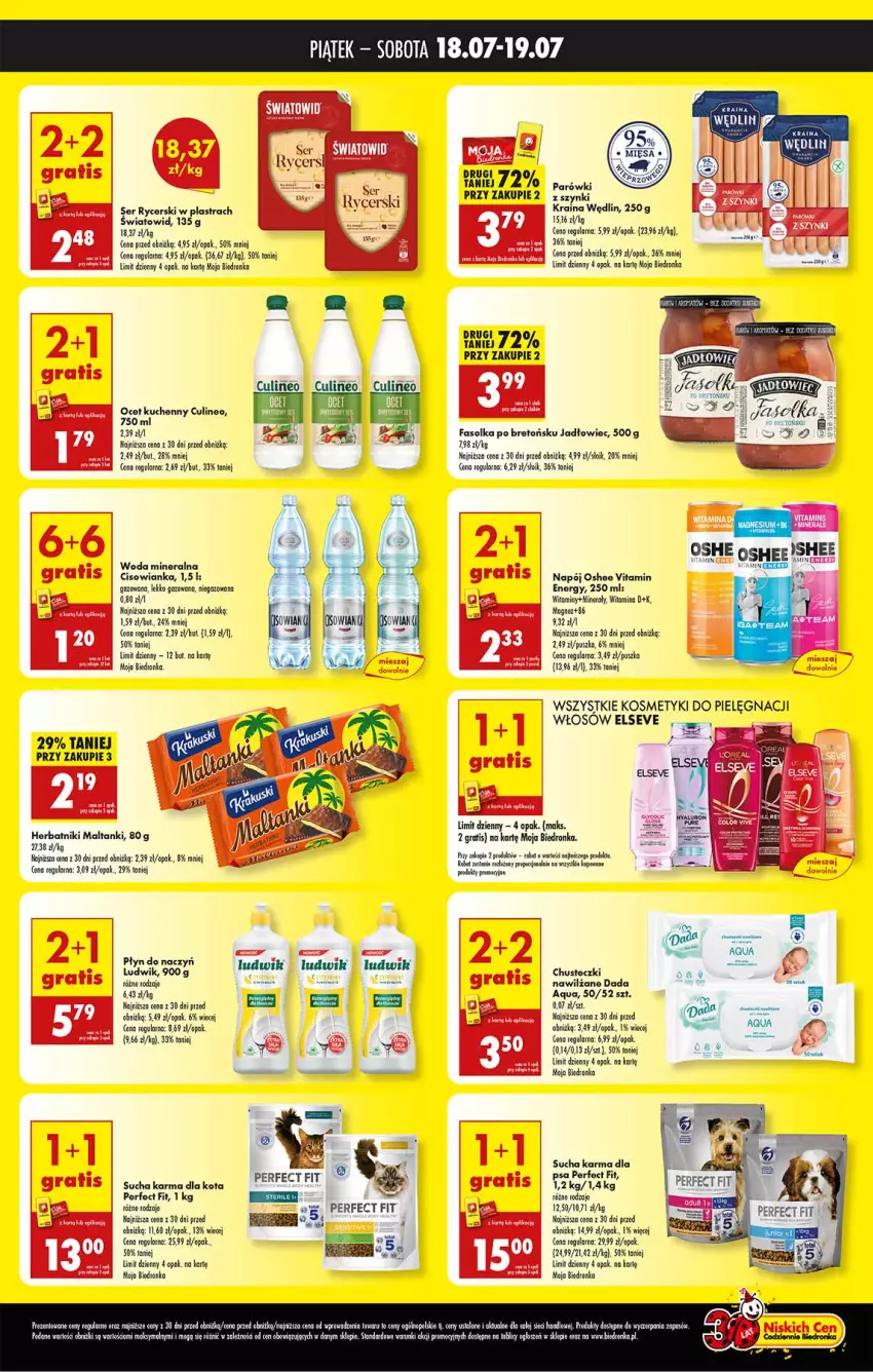 Gazetka promocyjna Biedronka - Tani Weekend - ważna 18.07 do 19.07.2025 - strona 2 - produkty: Chusteczki, Cisowianka, Dada, Elseve, Fa, Gra, Herbatniki, Kosmetyki do pielęgnacji, Leon, Ludwik, Ocet, Oshee, Parówki, Parówki z szynki, Ser, Sucha karma, Woda, Woda mineralna